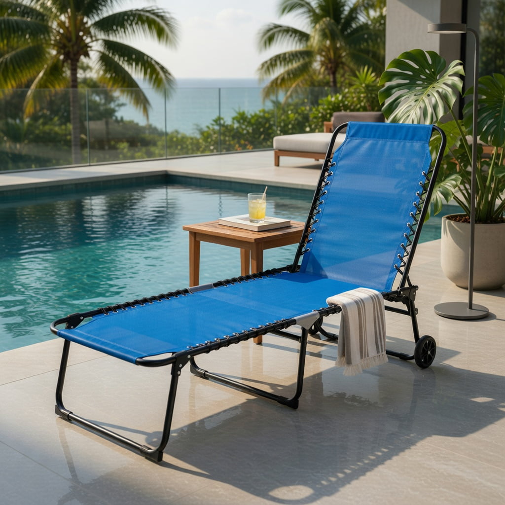 Hommoo 4-Position Adjustable Folding Chaise Lounge Chair, with Reinforced Steel Frame, Portable Sun Lounger for Poolside, Backyard & Camping, Navy Blue