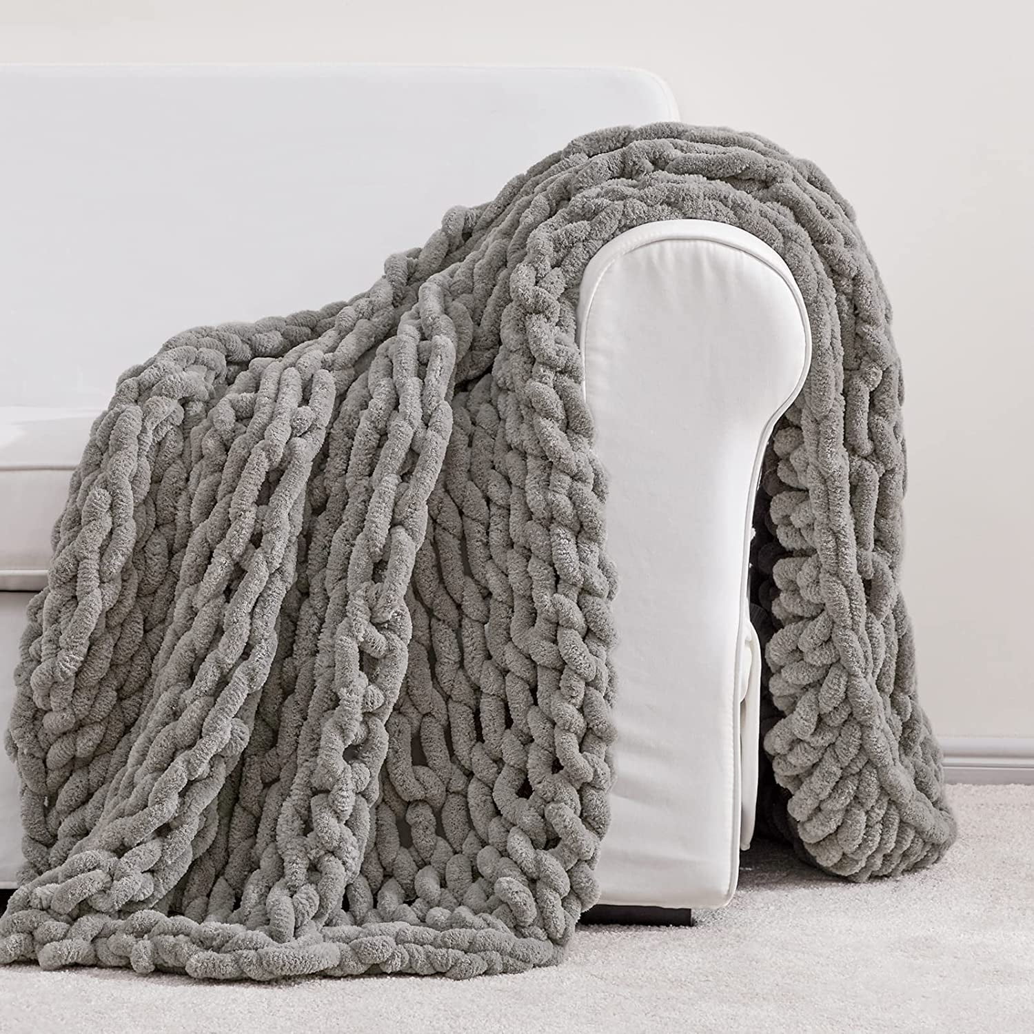 Houseables Chunky Knit Blanket, Crochet Throw, Big Yarn Blankets, 50x60  Inch, Grey, Soft, Large, Chenille, Thick Hand Knitted Cable Throws,  Braided