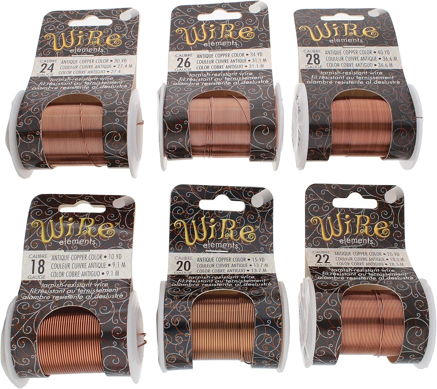 The Beadsmith Wire Elements Antique Copper Color Lacquered Tarnish-Resistant Copper Wire for Jewelry Making, 20 Yards, 18.29 Meters Each Spool (18, 20, 22, 24, 26, & 28 Gauges)