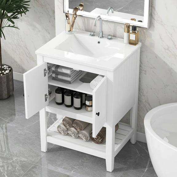 Gzxs 24 Inches Bathroom Vanity Cabinet with Ceramic Sink Top Set, Freestanding 2-Door Base Cabinet with Adjustable Shelf and Open Storage, White
