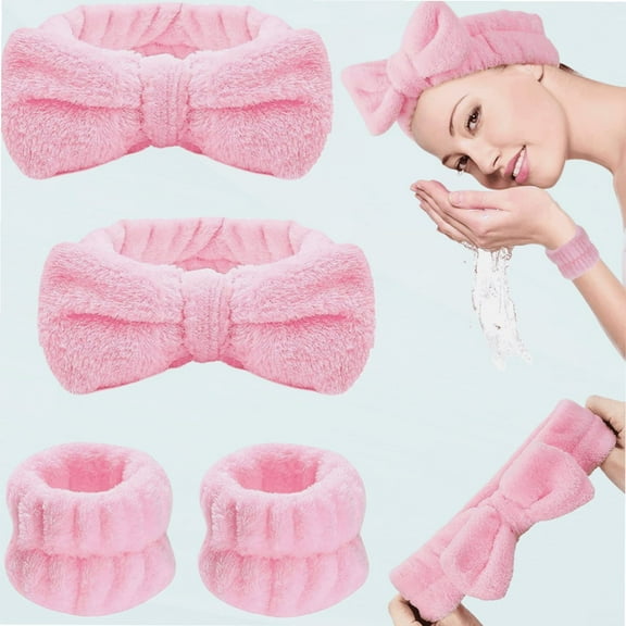 4Pcs Spa Headband Wrist Washband Set, Bowknot Hair Bands Makeup Headbands Women Coral Fleece Elastic Headband Washing Face Hair Wrap for Washing Face Shower Sports Beauty Skincare(Pink)