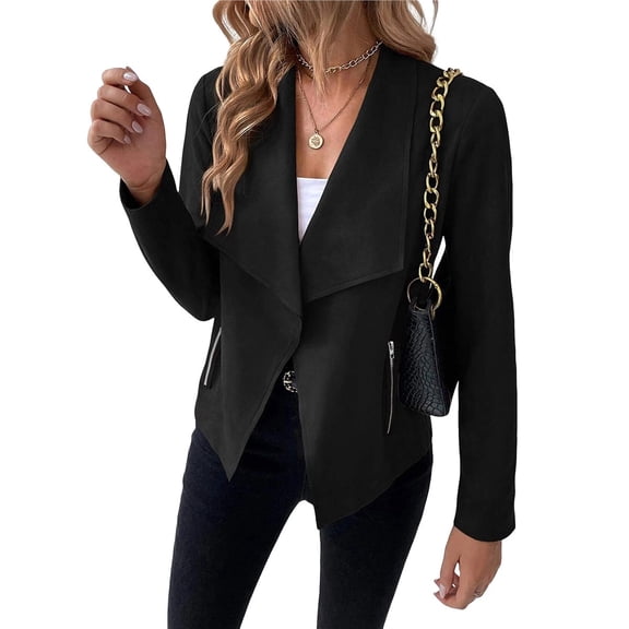 Women's Faux Suede Jackets Fashion Fall Clothes Long Sleeve Open Front Cropped Coat Outwear Black L