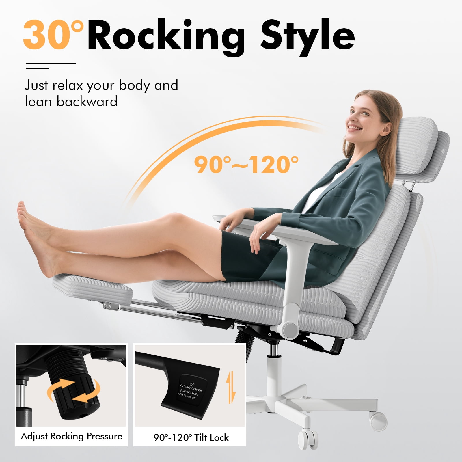 HomeZeer Criss Cross Chair with Flip-up Arms, Executive Criss Cross Legged Office Chair with Footrest, Swivel Corduroy Computer Desk Chair with Lumbar Pillow & Headrest for Home Office, Gray