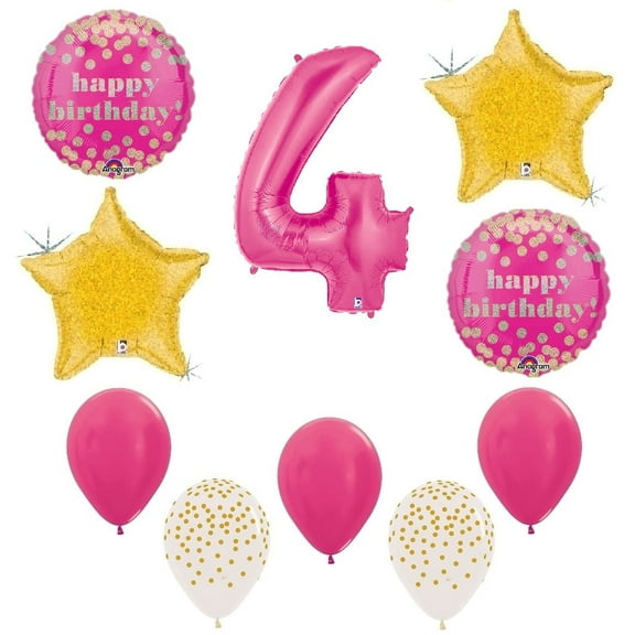 Rose Pink and Gold Polka Dots Confetti Dot Girl's Girl Number #4 4th Fourth Happy Birthday Party 10 Piece Mylar & Latex Balloons Set B