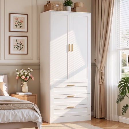 Homieasy 71" Tall Armoire Wardrobe Closet - 3 Drawers, Doors & Hanging Rod, Extra Deep 20" Bedroom Storage with Soft-Close Hinges,White