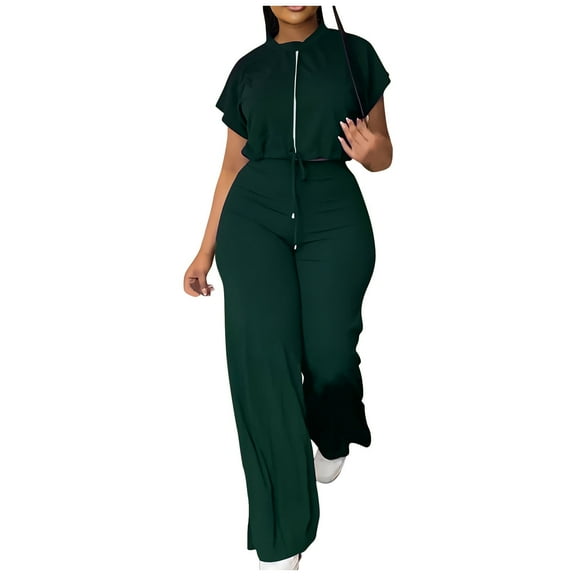 S LUKKC LUKKC 2 Piece Sets for Women Casual Summer Travel Vacation Outfits Loose Short Sleeve Pullover Top Matching Wide Leg Pants Sets Tracksuit Suits