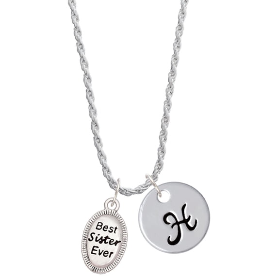 Delight Jewelry Best Sister Ever Oval Silvertone Script Initial Disc - H - Charm Necklace, 20"+3"
