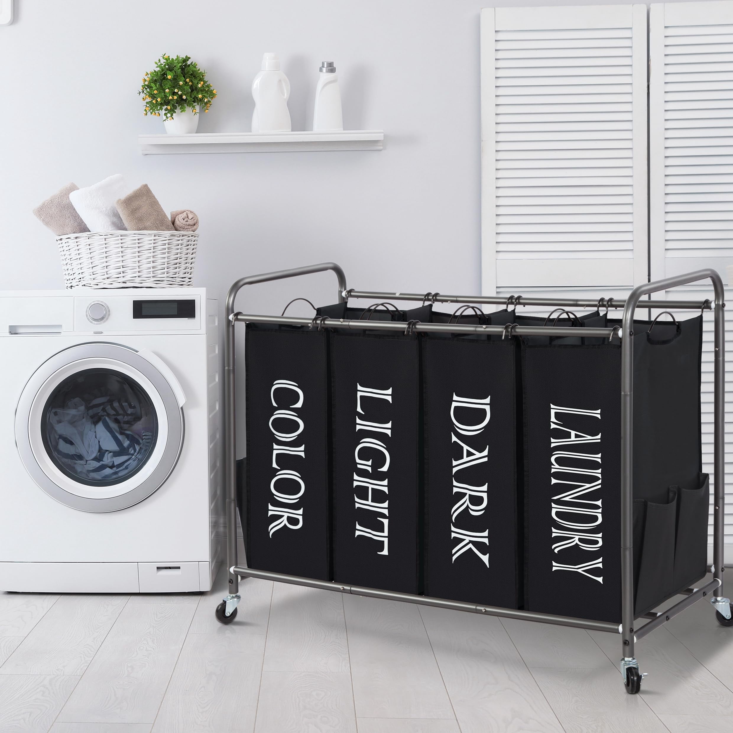 Laundry Sorter 4 Section, 47.8 Gal (181 L) Laundry Hamper with Wheels, Clothes Divider Basket Sorter, Clothes Separator Hamper Cart with Wheels and Removable Bags, Black