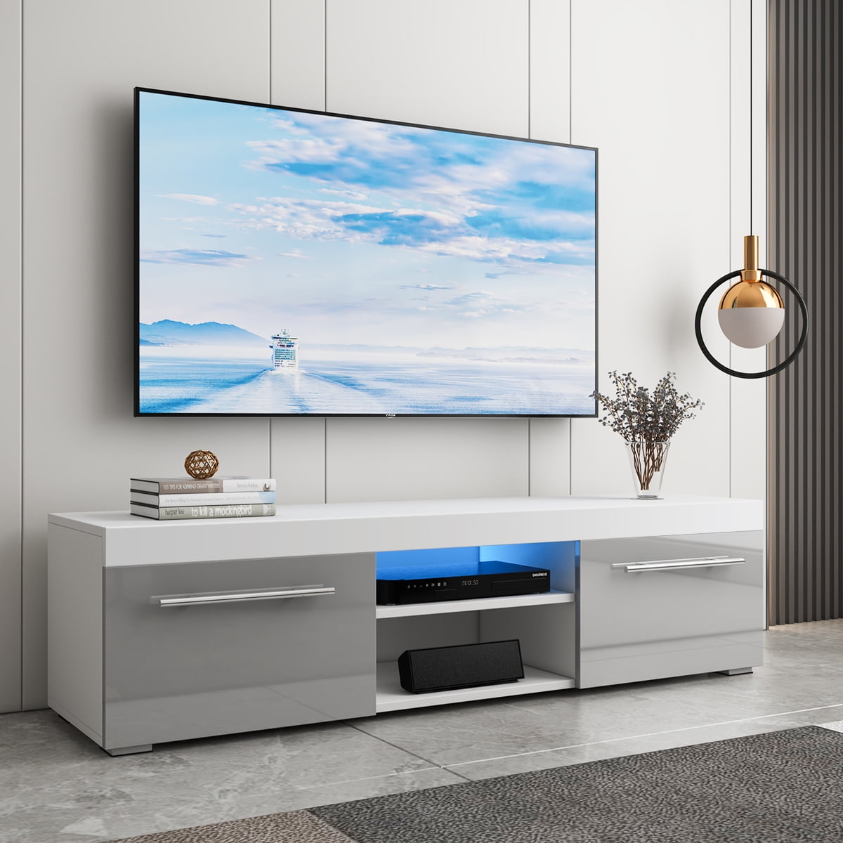 Hommpa Gray White High Gloss TV Stand for TVs up to 59 LED Entertainment Center Modern TV Cabinet with 2 Storage Drawers