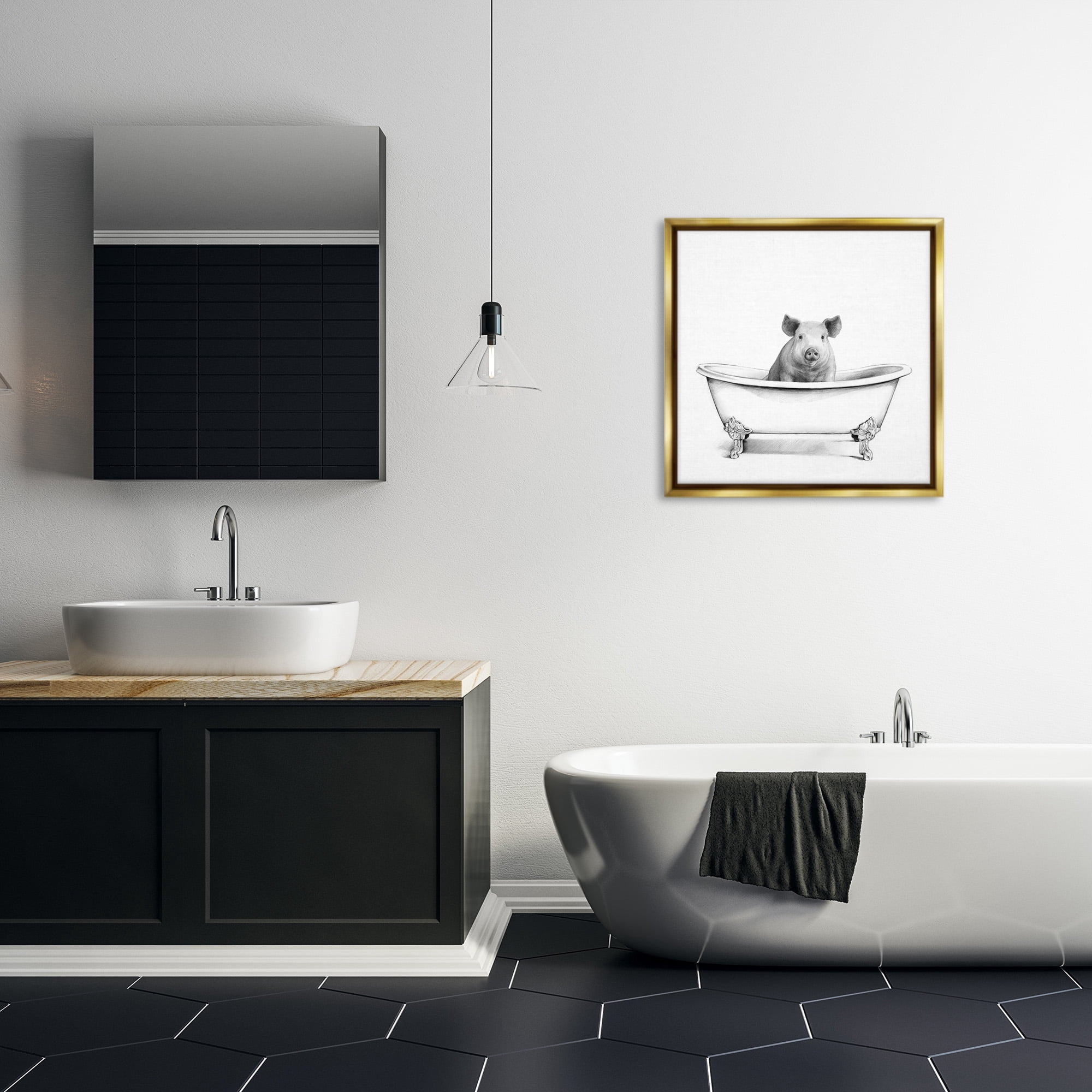 Stupell Industries Hog in Bathtub Sketch Animals & Insects Drawing Gold Floater Framed Canvas Art Print Wall Art, 25 x 25