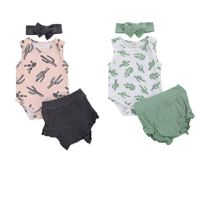 Baby Girls Outfit Set Cactus Sleeveless Button Closure Romper Solid Color Ruffle Triangle Pants Bow Hair Band Set