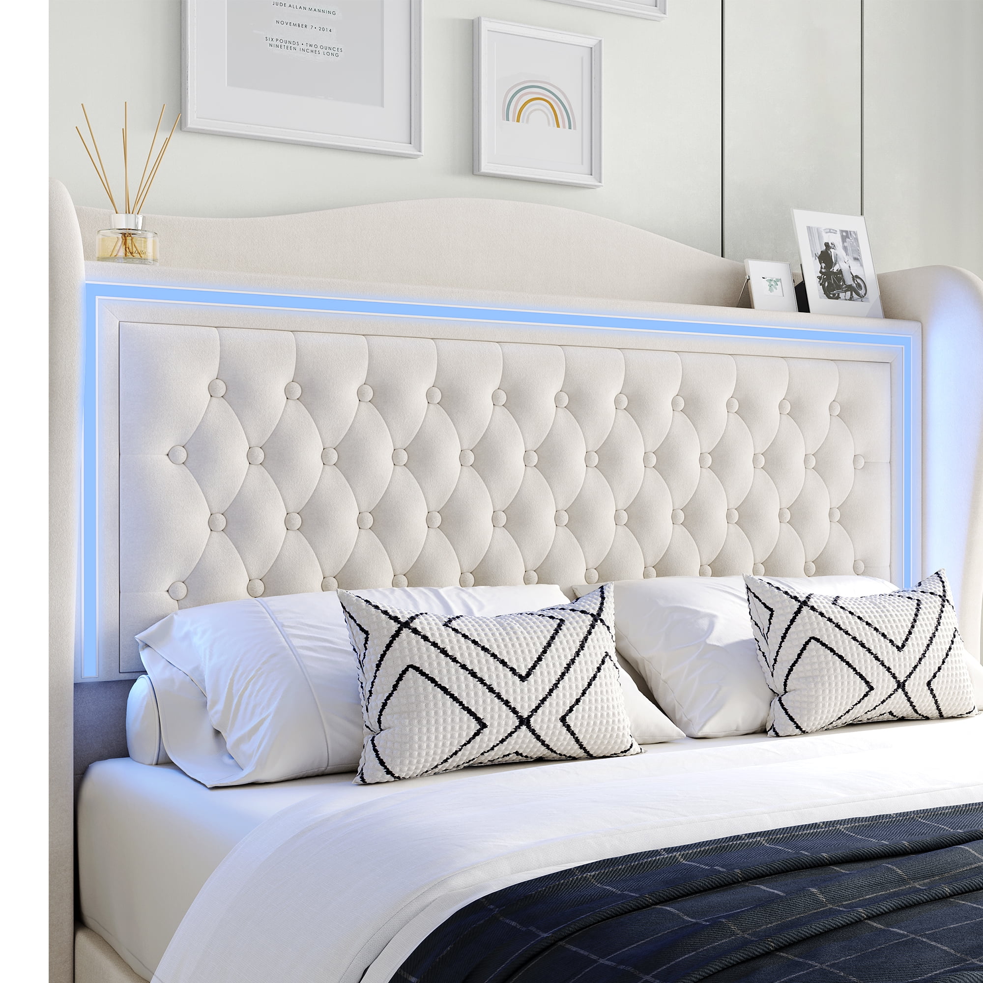 Homfa Queen Size LED Bed Frame with Storage Drawers, 54in Tall Velvet Upholstered Headboard Platform Bed with Wingback Buttons Headboard, Beige
