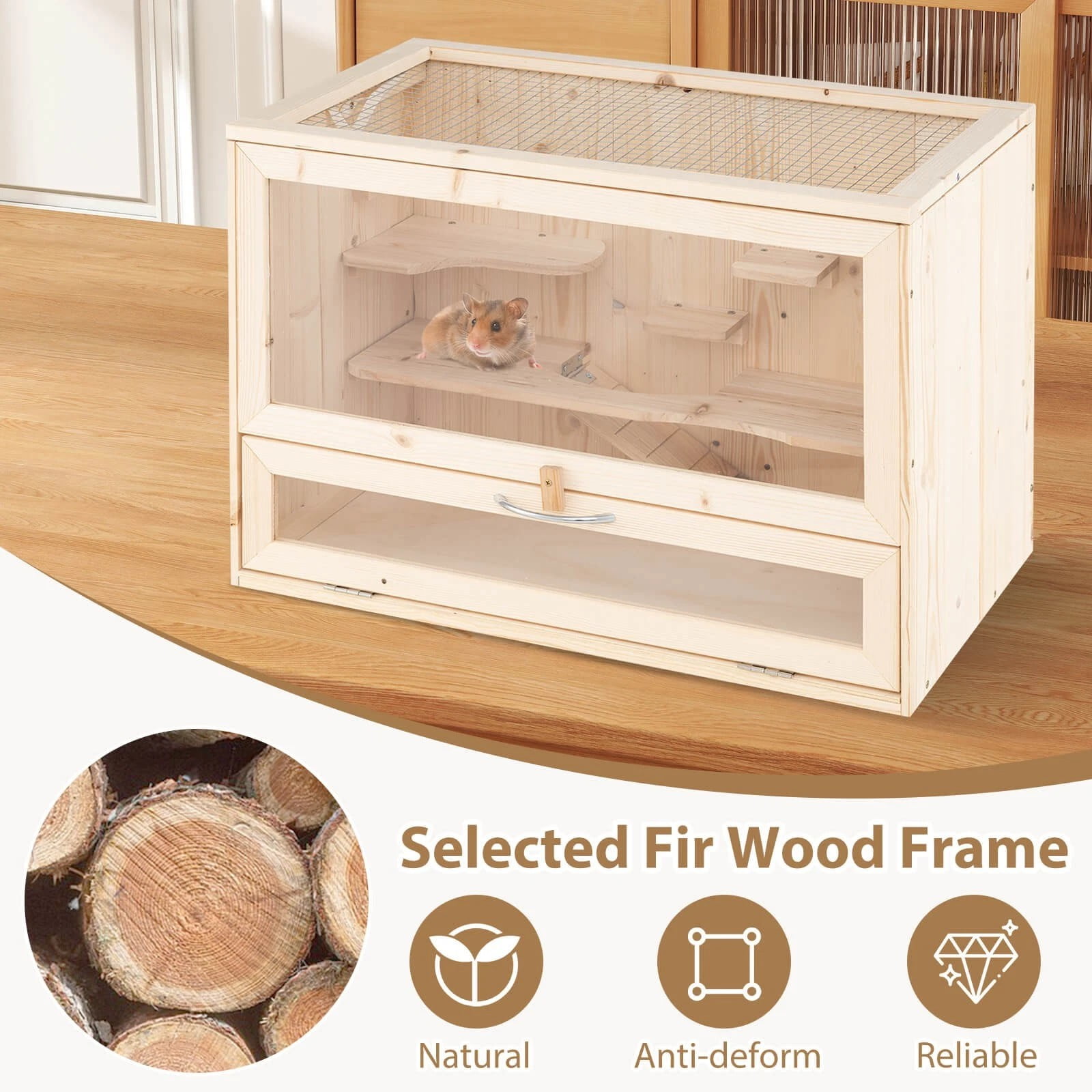 DRAZUNO Wooden Hamster Cage Hamster Habitat Playpen w/ Mesh Flip Roof Multi-Ladder Areas
