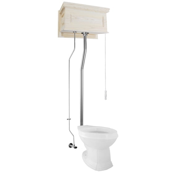 Unfinished Wooden High Tank L-Pipe Toilet Elongated White Bowl | Renovator's Supply