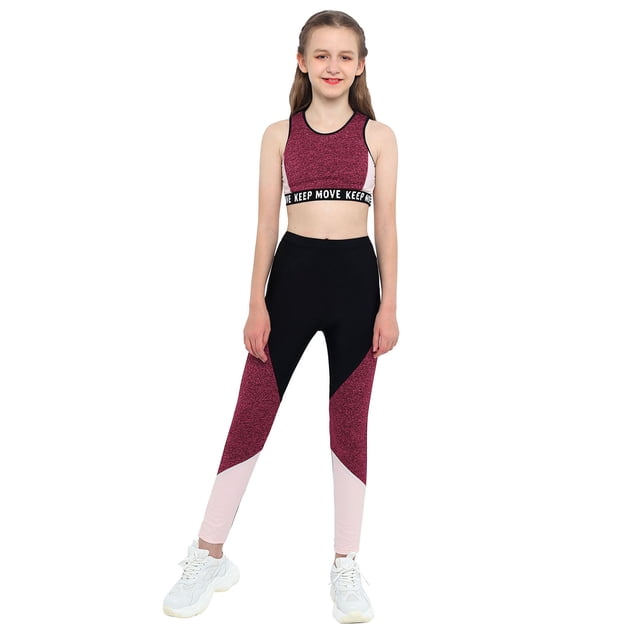 LiiYii Ensemble de Danse Athlétique 2 Pcs pour Filles Crop Tops avec Legging Ensemble de Sport Gymnastique Course Tumbling Rouge 10