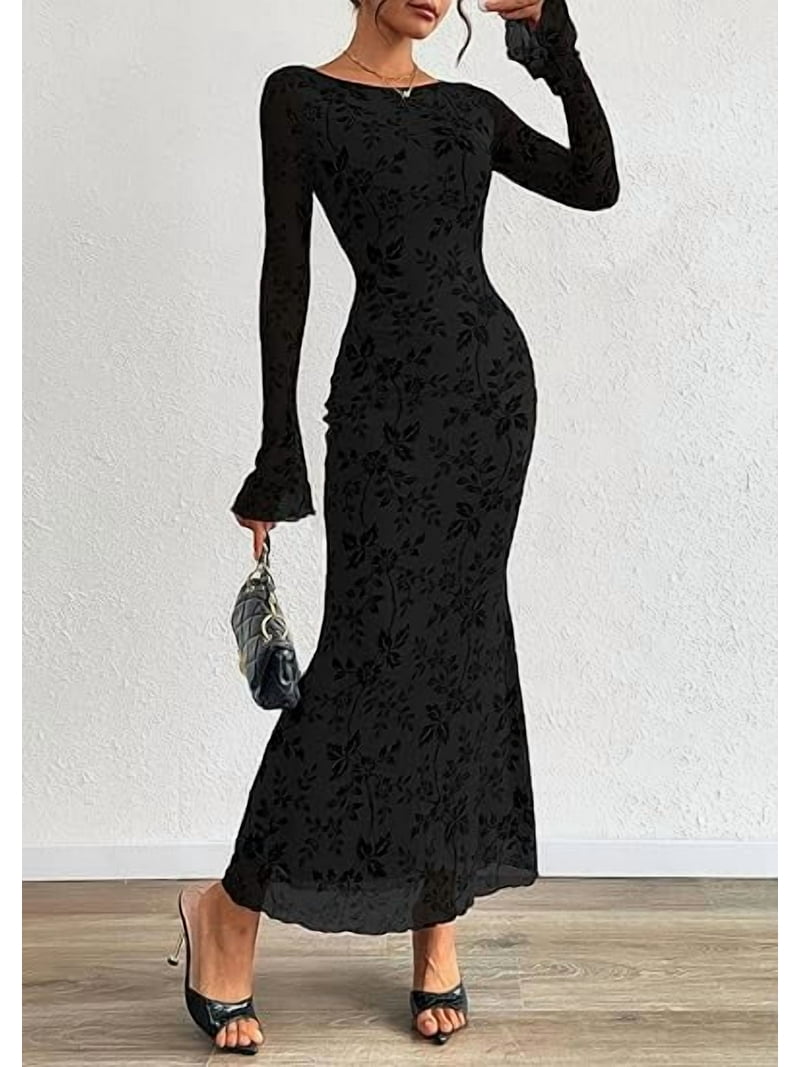 Prettygarden Women's Floral Bodycon Maxi Dress Fall Elegant Mesh Long Sleeve Formal Wedding Guest Cocktail Dresses, Size: XS, Black Prettygarden Women's Floral Bodycon Maxi Dress Fall Elegant Mesh Long Sleeve Formal Wedding Guest Cocktail Dresses, Size: XS, Black