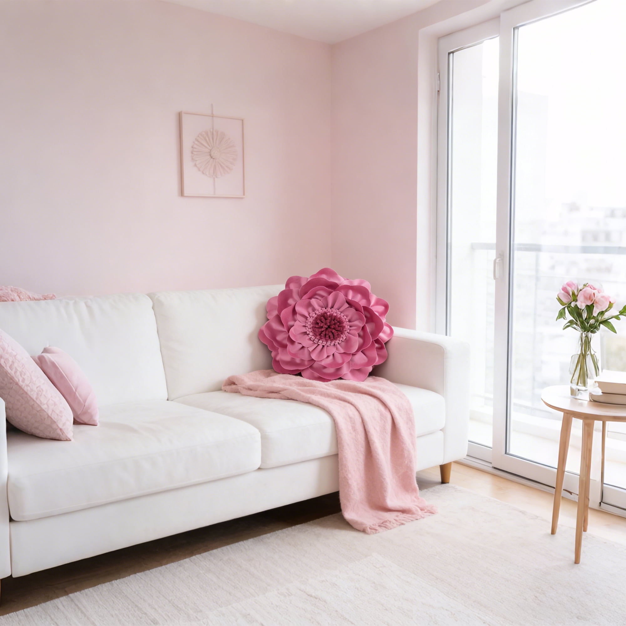 JWH 3D Round Cloud Soft Flower Velvet Throw Pillow No Pilling Decorative Throw Pillow 14inch Hot Pink for Sofa Bed Living Room Decor