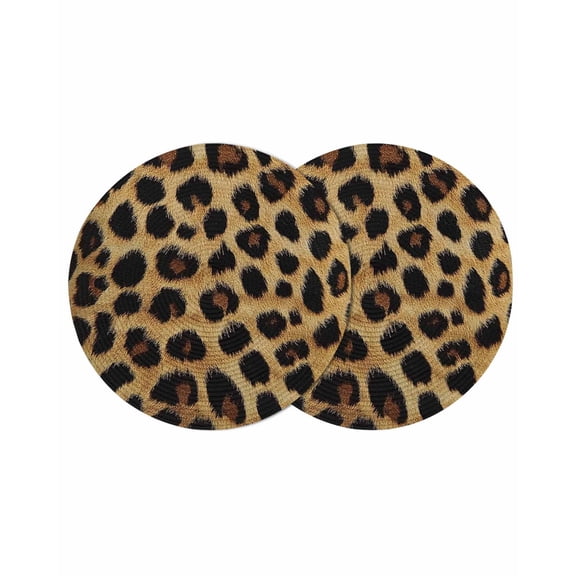 Leopard Print Round Placemats Set of 2 for Dinning Tables,Heat-proof Braided Table Mats 13 Inch,Brown Yellow Retro Animal Fur Pattern Washable Place Mat for Kitchen Restaurant Party Table Decor