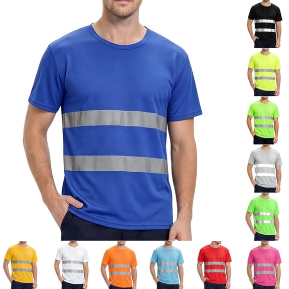 Mens high vis shirts Quick Dry Hi Vis Reflective Safety Short Sleeve Shirts Construction Work Shirts with Reflective Strips Royal Blue L