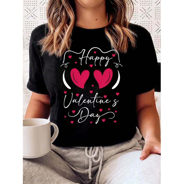 Valentine's Day Theme Printed Women's T-Shirt, Women's Valentine's Day Gift Casual, Fashionable, Comfortable, Soft, Athletic, Fitness, Daily, Outdoor, Home, Breathable, Crewneck Short Sleeve T-Shirt