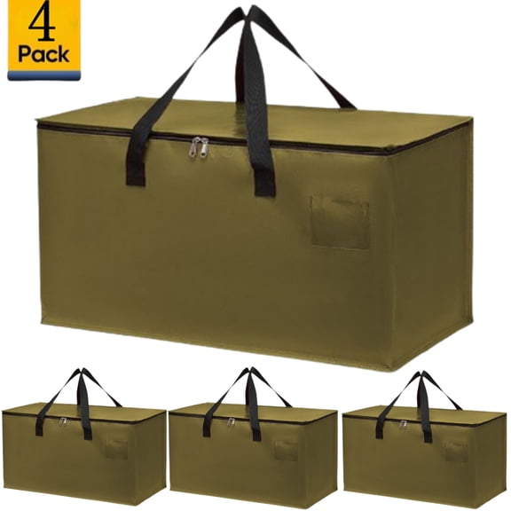 Djiypn 4 Pack Extra Heavy Duty Large Moving Bags with Zipper and Handles, Sturdy Clothes Storage Bags Totes Bins, Packing Bag Move Boxes College Moving Supplies, Army Green - 90L