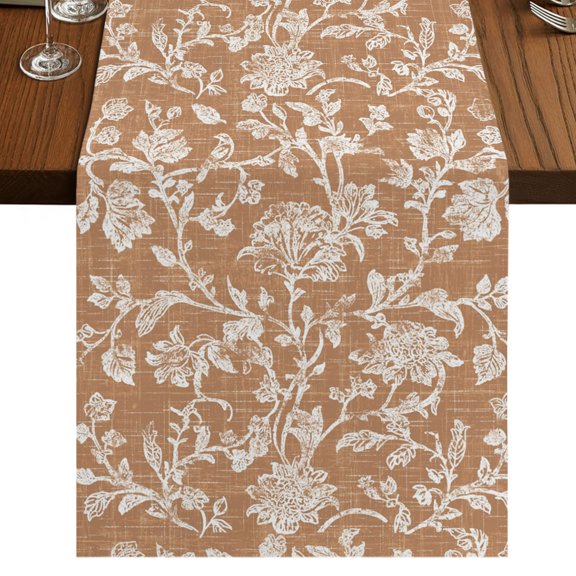 Orange Floral Table Runner 72 Inches Long, Pastoral White Lavender Petal Leaf Botanical Cotton Linen Dining Table Runner Dresser Scarves for Home Kitchen Party Decor 13"x72"