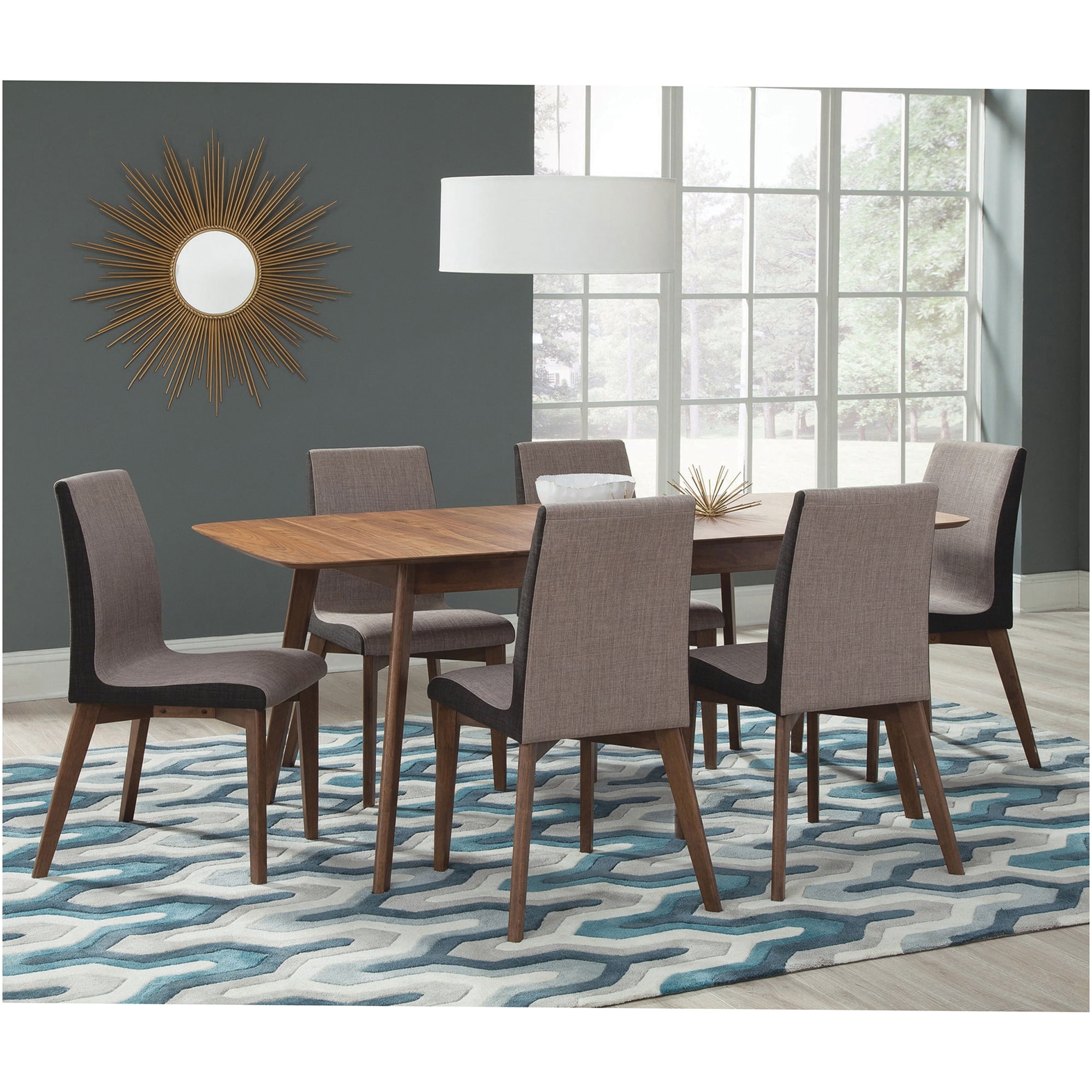JERFIT 7-Piece Dining Table Set with Extension Leaf Natural Walnut Wood Table and Gray Upholstered Chairs Mid-Century Modern Design for Dining Room