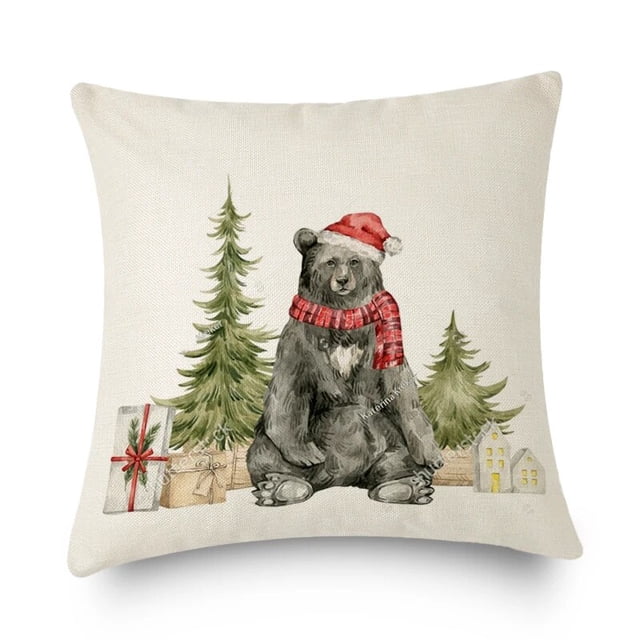 Funda de cojín de lino con dibujos animados de árbol de Navidad, cubierta de almohada de Casa de granja, decoración de Año Nuevo, 45x45cm, 2023