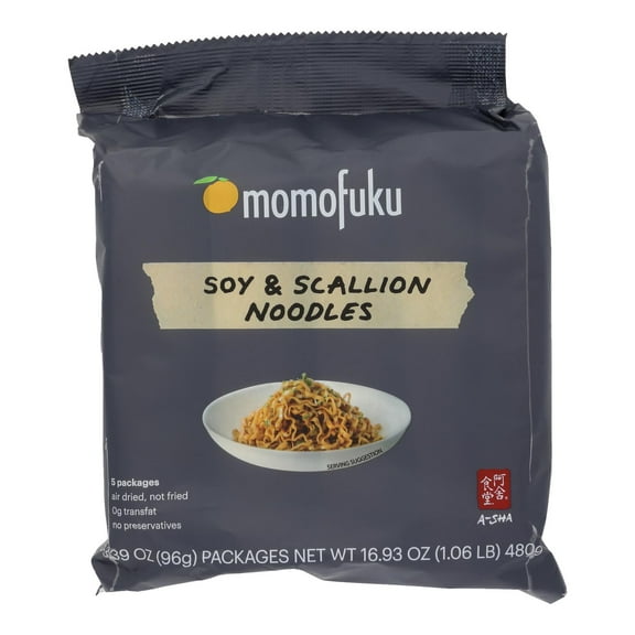 Momofuku Soy & Scallion Ramen Noodles by David Chang, 5 Count (Pack of 1) Air-Dried Vegan Instant Noodles with Sauce