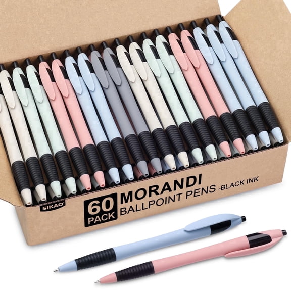 Sikao Morandi Pens Bulk, 60Pack Retractable Ballpoint Pens with Soft Grip, Black Ink Medium Point 1.0mm for Office and Business Use