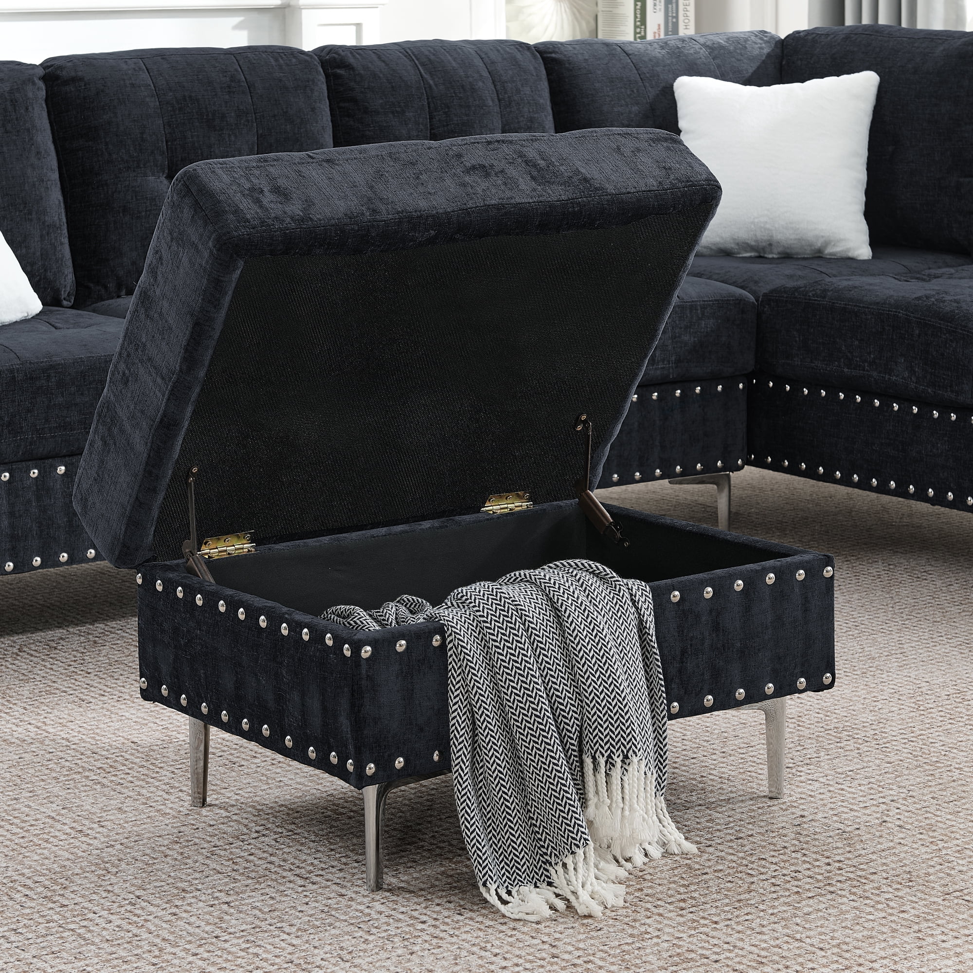 Aukfa Chenille L-Shaped Sectional Sofa with Storage Ottoman, 102" 3 Seater Couch with Chaise, Blue