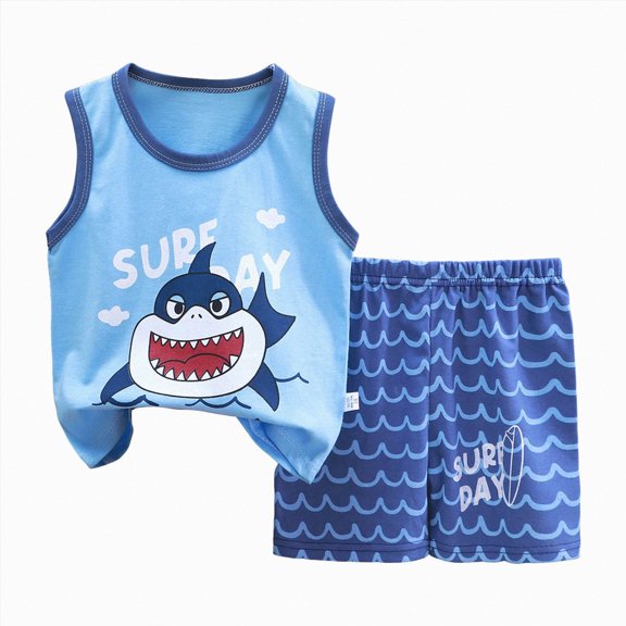 kaprioy Boy Outfits Sleeveless Cute Cartoon Dinosaur Shark Printed Tops and Shorts Summer Two Piece Sets Comfy Kids Clothing All Day Wear