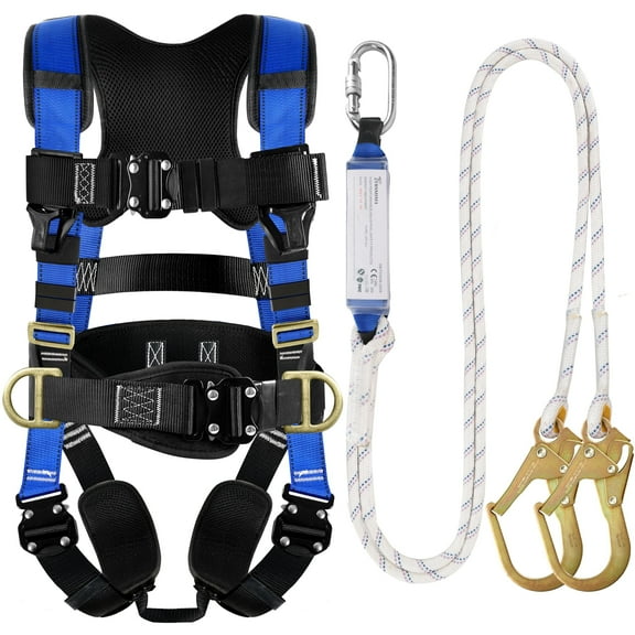 Auckpure Safety Harness Fall Protection - Roofing Harness Kit Men Full Body Construction Harness with Lanyard for Work Upgrade 4 Quick Buckles