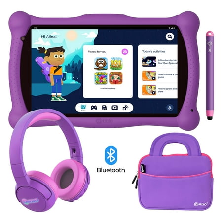 Contixo 7 inch Kids Learning Tablet, Bluetooth Kids Wireless Headphone and Tablet Bag bundle with Teacher approved apps and parent control Purple set