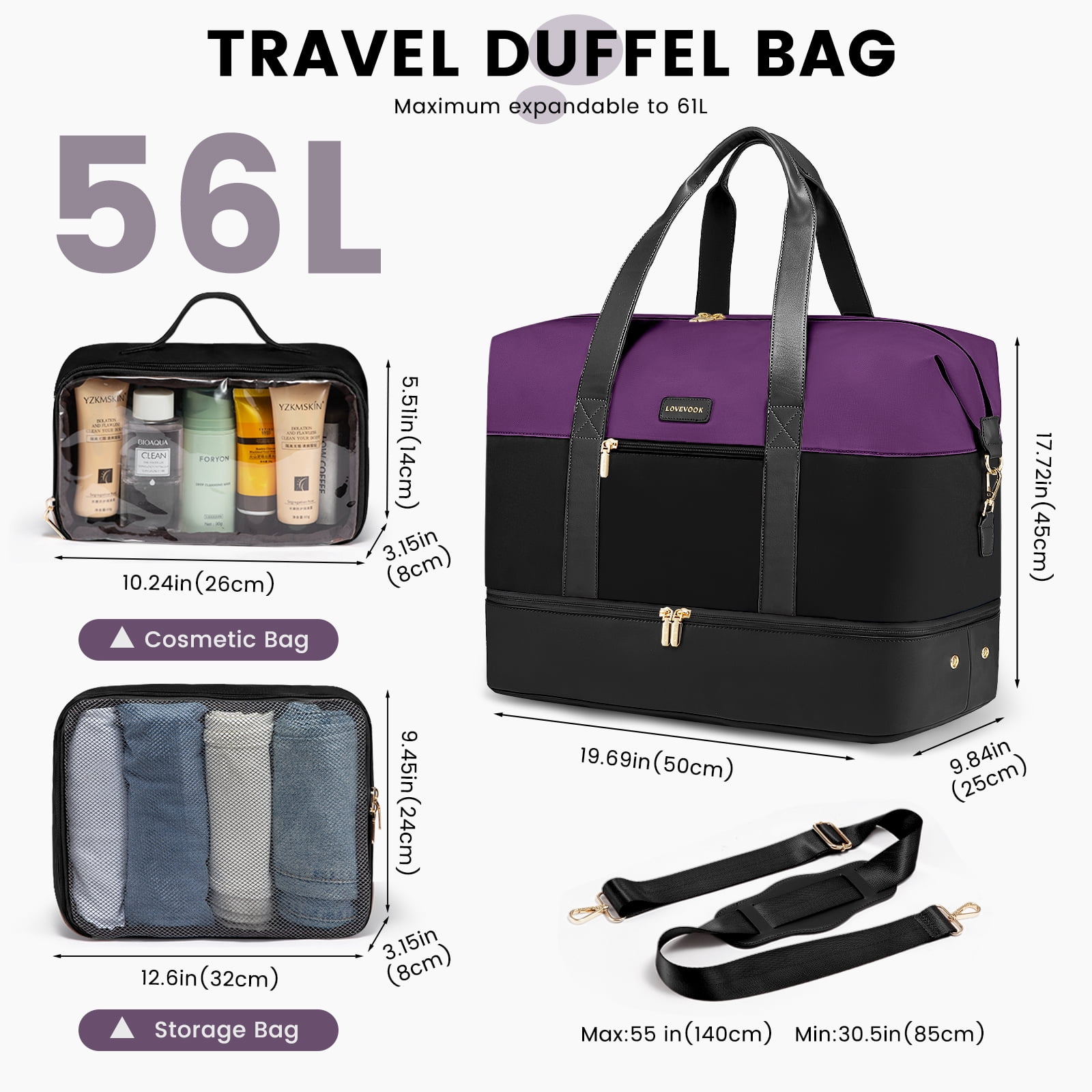 Lovevook Travel Duffel Bag for Women, Large Weekender Overnight Bag, Carry-on Gym Bag with Separate Shoes Compartment, Mom Hospital Bags for Labor and Delivery with 2 Packing Cubes