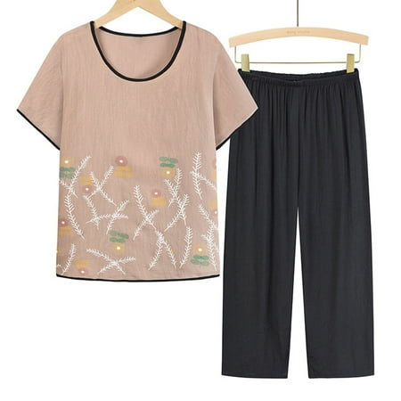 

Summer Savings HJCOMMED Women s 2 Piece Outfits Women Casual Floral Printed Round Neck Short Sleeve Pullover Top And Loose Elasticated Long Wide Leg Trousers Set Comfortable Home Wear Pajamas Beige