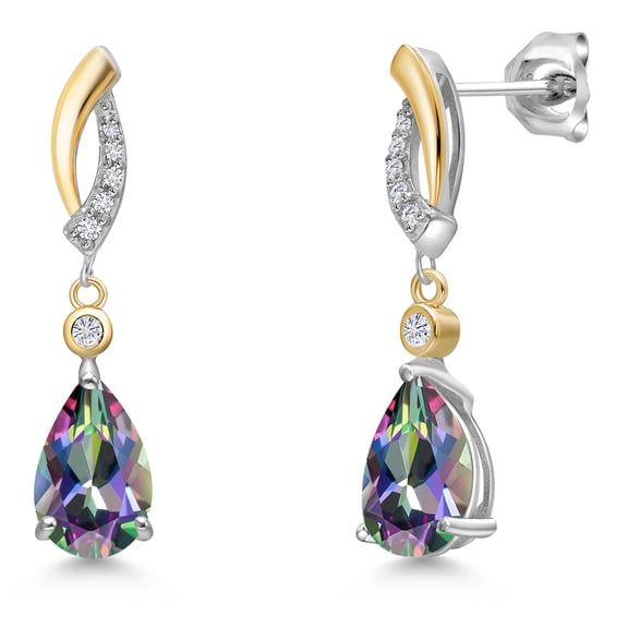 Gem Stone King 925 Silver and 10K Yellow Gold Green Mystic Topaz and White Moissanite and White Lab Grown Diamond Earrings for Women | 3.27 Cttw | Gemstone November Birthstone | Pear Shape 9X6MM
