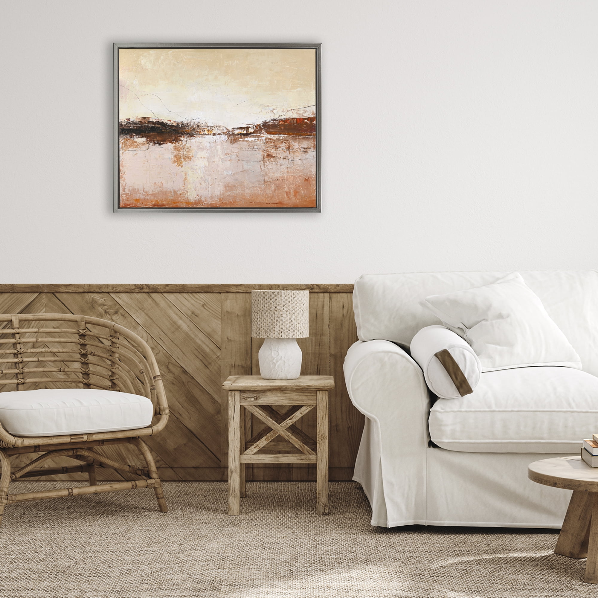 Warm Distressed Horizon Gray Framed Floater Canvas Wall Art, design by Design Fabrikken