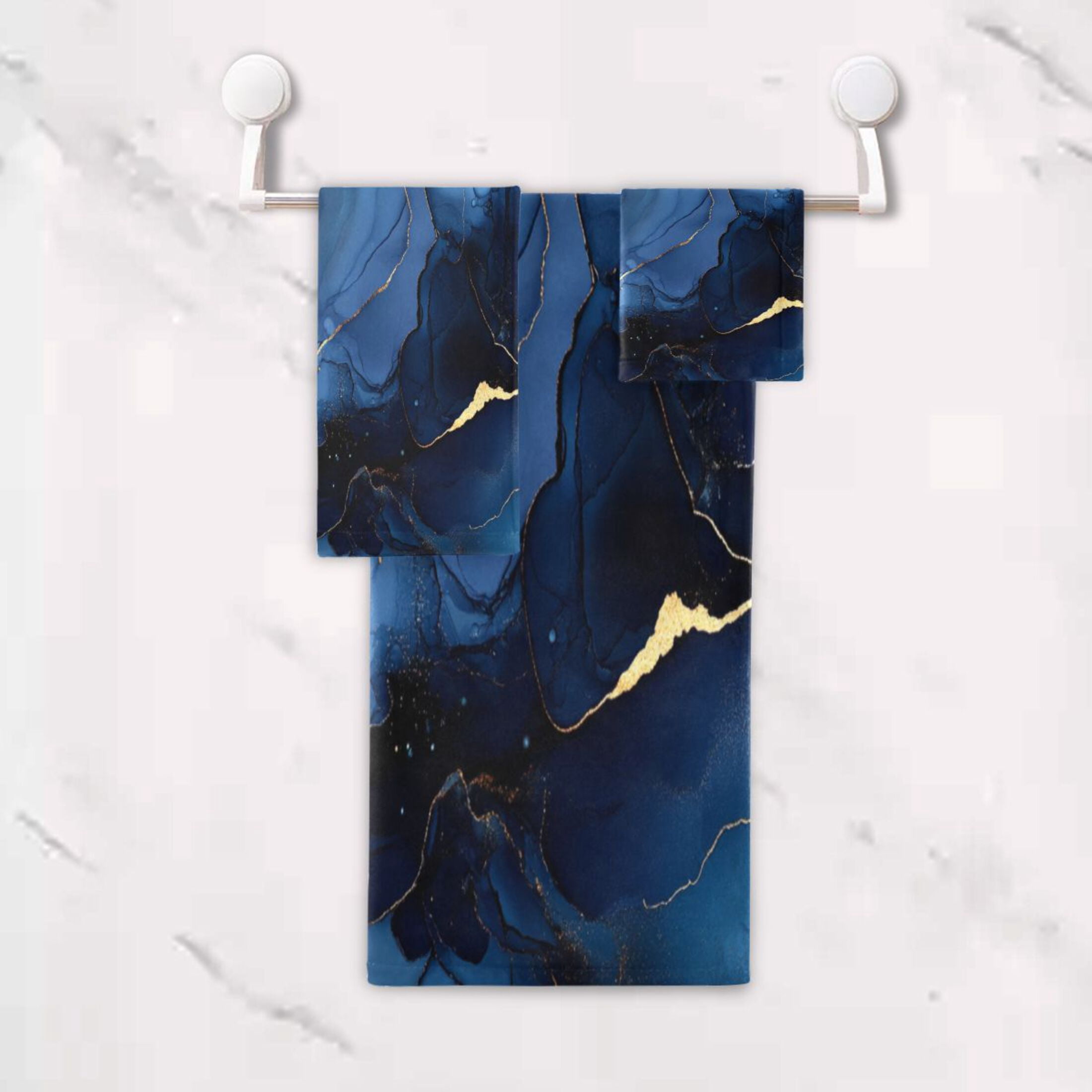 WOBOGO Navy Blue Gilt Marble Ultra Soft 3 Pack Cotton Towel Set Includes 60 x 30in Bath Towel 28 x 16in Face Towel and 13 x 13in Small Square Towel for Everyday Use Lightweight and Compact