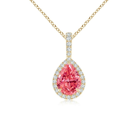 ANGARA Lab Grown Pink Diamond Teardrop Pendant with Halo for Women in 14K Yellow Gold (Size-7x5mm| Clarity-VS) | April Birthstone, Anniversary Jewelry Gift for Women | Lab-Grown Pink Diamond Necklace