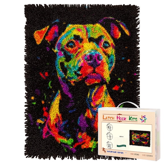 Latch Hook Rug Kit Colorful Pitbull Dog Pre-printed Handmade Carpet Crochet Yarn Craft DIY Hook and Latch Door Mat Tapestry for Home Floor Decoration 52x38cm-2