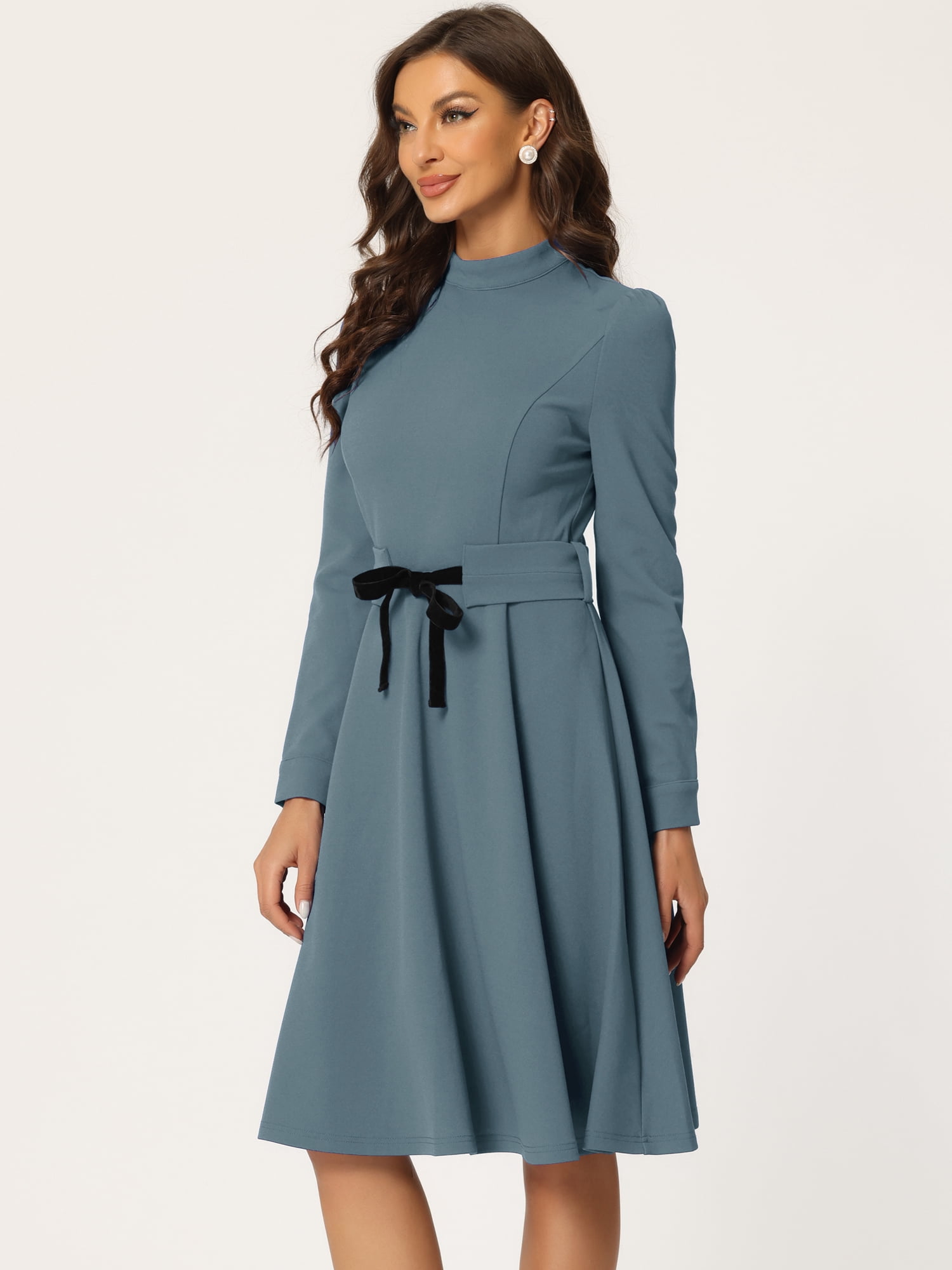 DARING DIVA Mock Neck Knit Below the Knee Tie Waist Dress M Grey