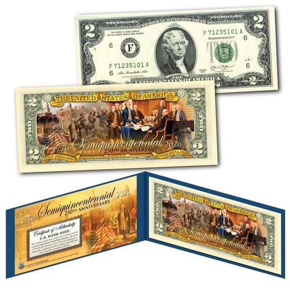Genuine U.S. $2 Bill Semiquincentennial 250th Anniversary of America 1776-2026
