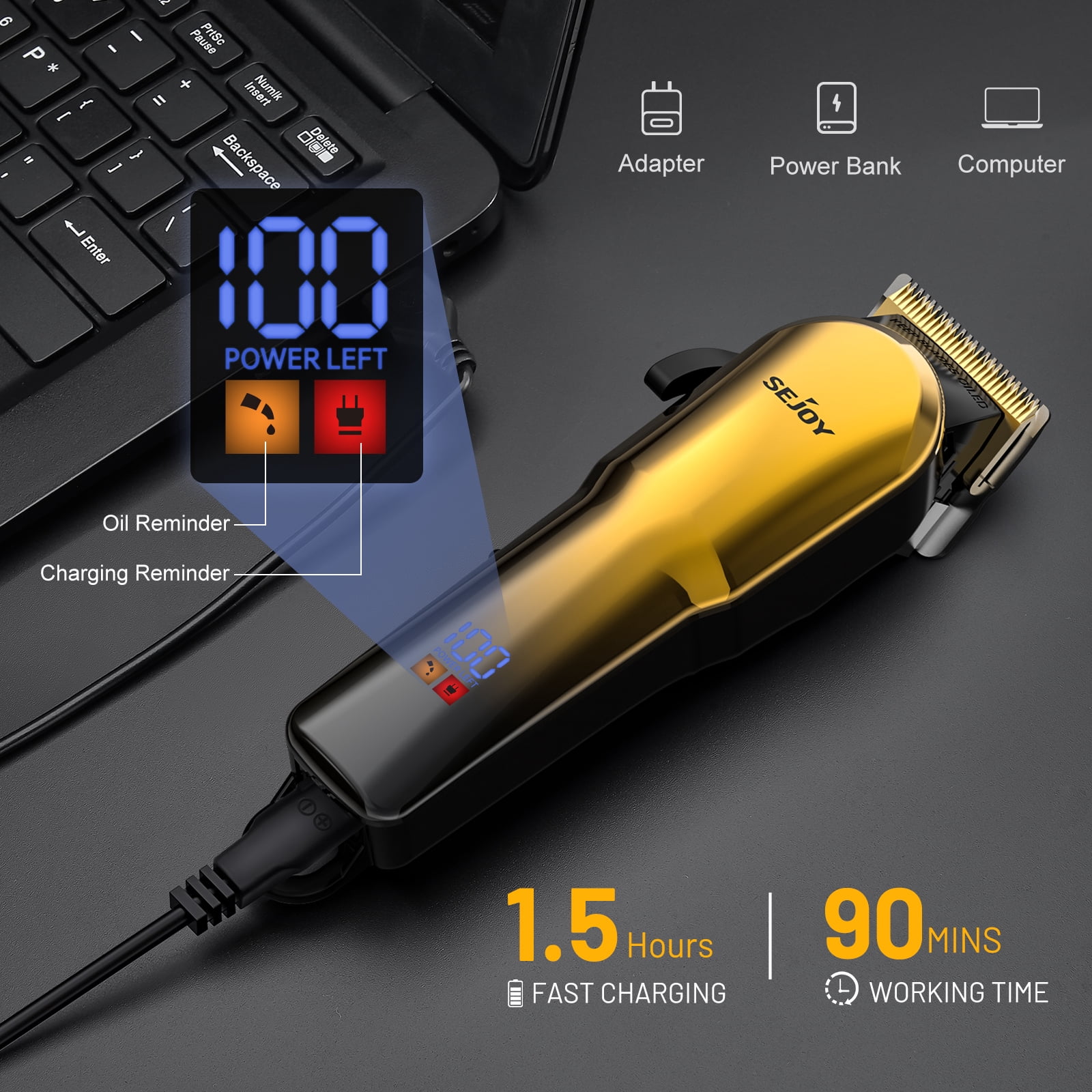 Sejoy Hair Clippers for Men, Professional Hair Trimmer, Cordless Barber Hair Grooming Kit, Beard Trimmer,Rechargeable Home Haircut for Women & Children LED Display USB Rechargeable,Gold