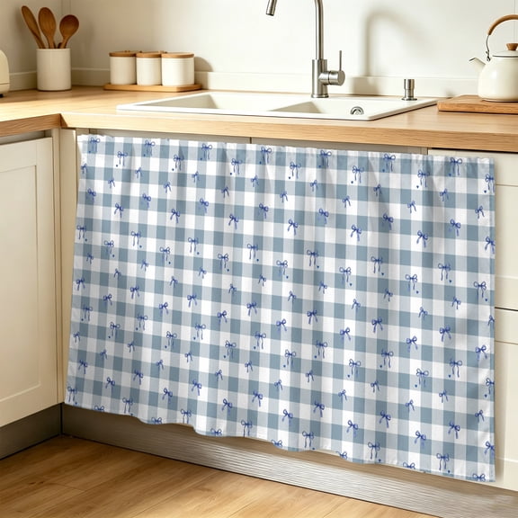 Blue Plaid Cabinet Curtains for Shelves, Farmhouse Checkered Elegant Pastoral Privacy Curtain for Closet Self Adhesive, Dust-Proof Drapes for Closet Storage Room Classroom Doorway, 32"W x 55"L