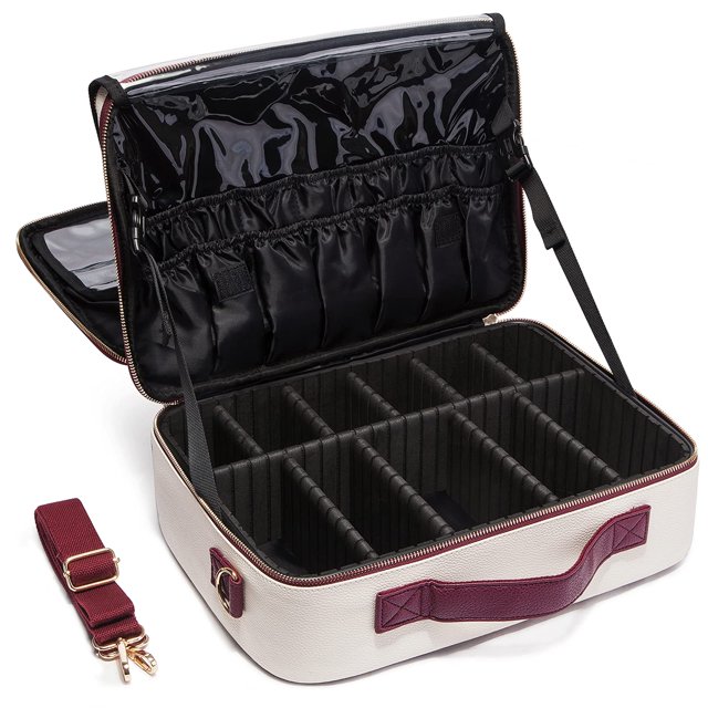 estuche de viaje para maquillaje lacattura, de piel, color blanco abierto, bolsa de cosméticos grande con divisores acolchados ajustables que crean nueve compartimentos, funda superior con ranuras elásticas para brochas y bolsillo transparente, asa y correa de hombro desmontable vino tinto.