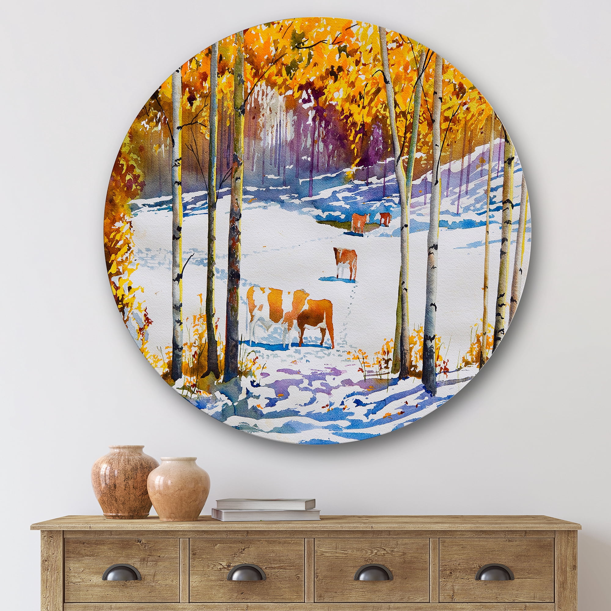 Designart 'Cattles In The Early Snow In The Tree Forest' Farmhouse Circle Metal Wall Art 36x36 - Disc of 36