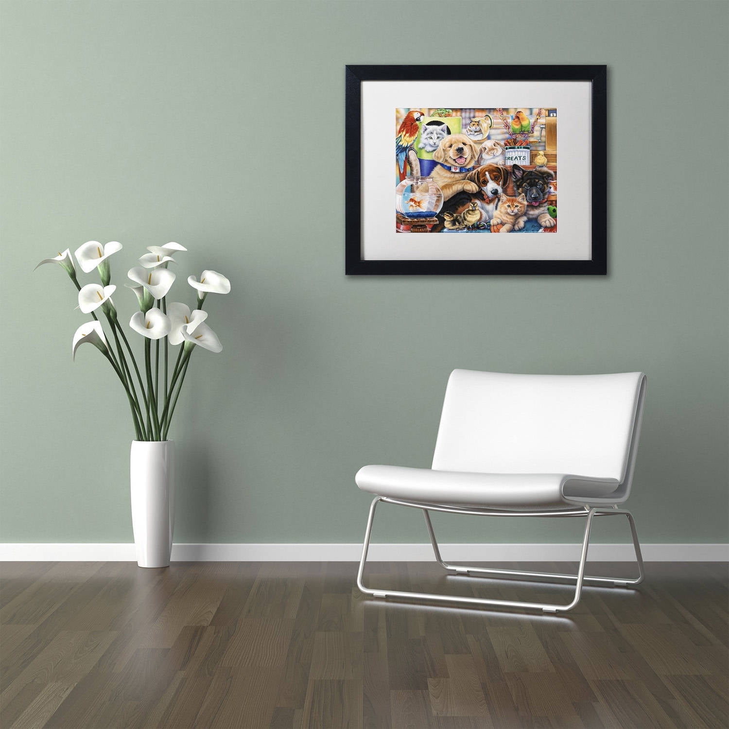 Trademark Fine Art 'Pet Shop' Canvas Art by Jenny Newland, White Matte, Black Frame