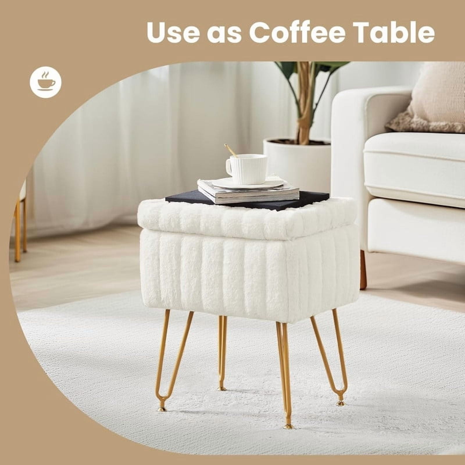 Kelno Vanity Stool Chair Faux Fur Padded Seat Ottoman with Hidden Storage Metal Legs with Anti-Slip Feet,White