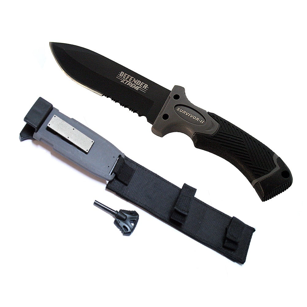 11" Black Survival II Knife With Blade Sharpener, Fire Starter  Sheath